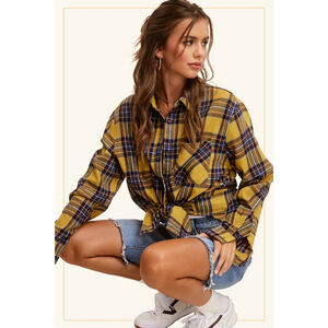 La Miel Loose Fit Plaid Button Up Shirt, Yellow and Blue,‎ New